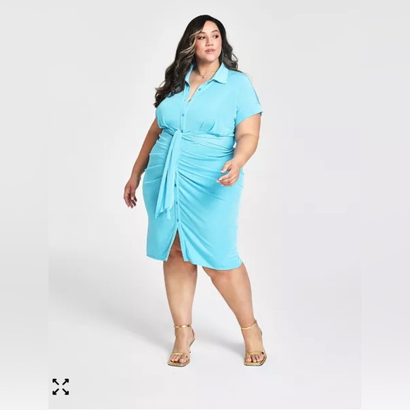 Nina Parker Aqua Blue Ruched Shirt Dress Size 3X NWT - Picture 1 of 8
